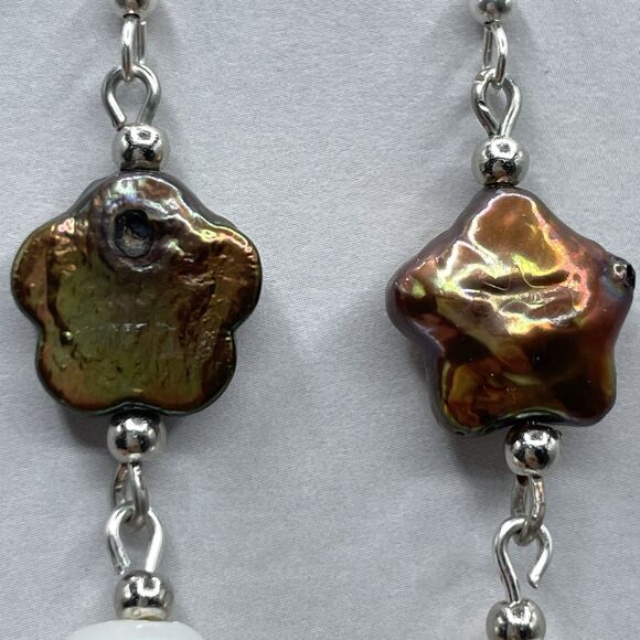 Artisan 925 Sterling Silver Star Pearl Round Pearl Dangle Earrings Boho Unique - Picture 7 of 8